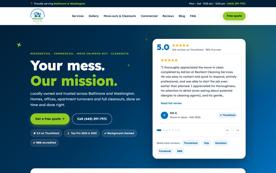 Resilient Cleaning Services home page with an instant quote builder